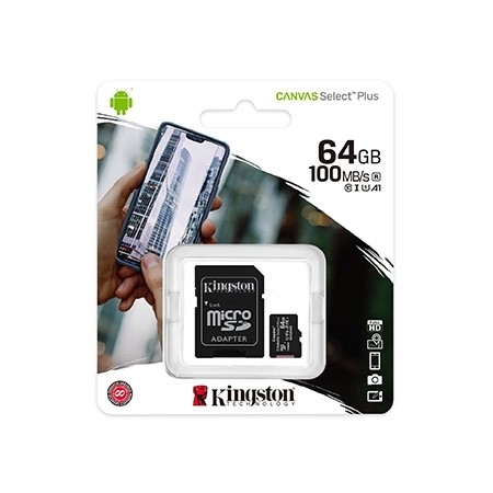 Micro SD card Kingston 64 GB SDHC  SDCS2/64GB  Class10 Canvas Select Plus SD adapter100MBs Read,Class 10 UHS-I